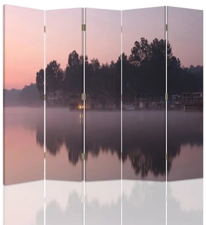 Ozdobný paraván, Jezero po ránu - 180x170 cm, päťdielny, klasický paraván