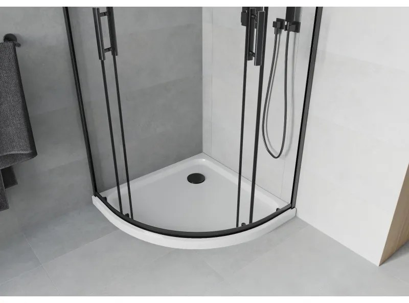 Mexen Rio, štvrťkruhový sprchovací kút s posuvnými dverami 90 x 90 cm, 6mm číre sklo, čierny profil + biela sprchová vanička, 863-090-090-70-00-4110B