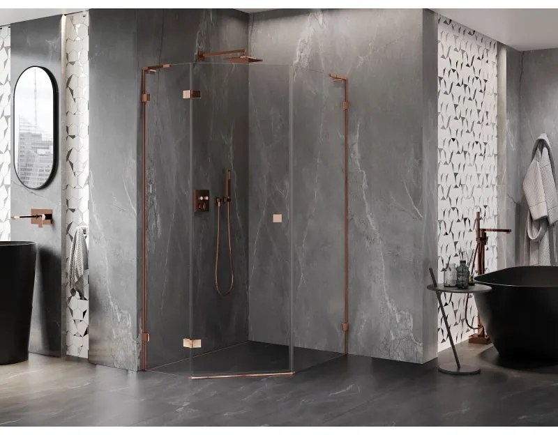 Mexen Lunar, L päťuholníkový sprchový kút naklápací doľava 80 x 90 cm, 8mm číre sklo, profil ružové zlato, 831L-080L-090P-60-00-L