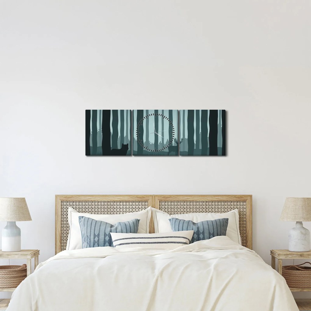 Obraz - Jeleň s vlkom v skalách (s hodinami) (90x30 cm)