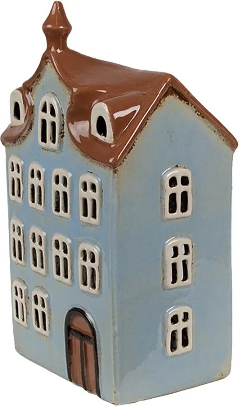 Modrý keramický svietnik na čajovú sviečku domček Amster Village - 13*9*22 cm