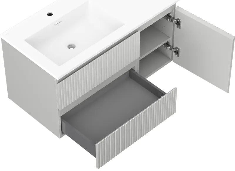 Mexen Rivel, kúpeľňová skrinka 90 cm s umývadlom Otis vľavo, 2S, 1D, drážkovaná, sivá matná/biela matná - 91A23-09047-3-BBFFF62-W18L01