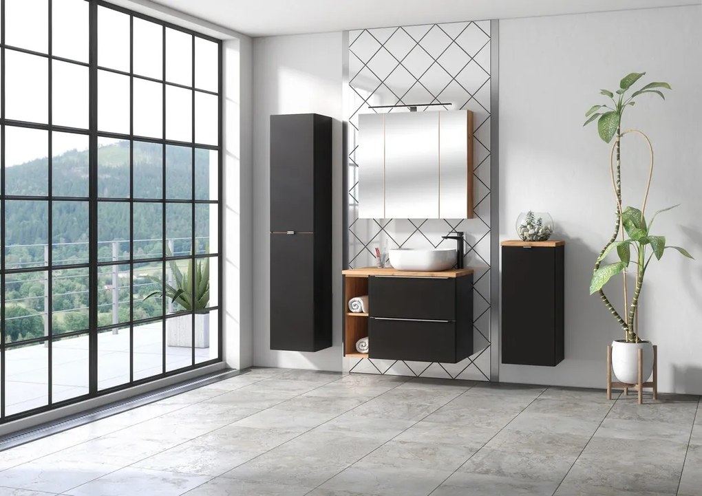 Závěsný koupelnový regál Capri 810 černý mat/dub kraft zlatý
