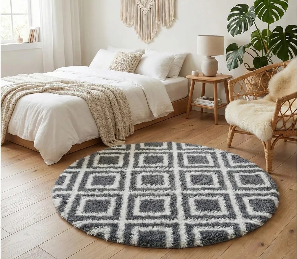 TZ Tmavosivý okrúhly vzorovaný koberec shaggy Decor Cube Rozmer: 120 cm