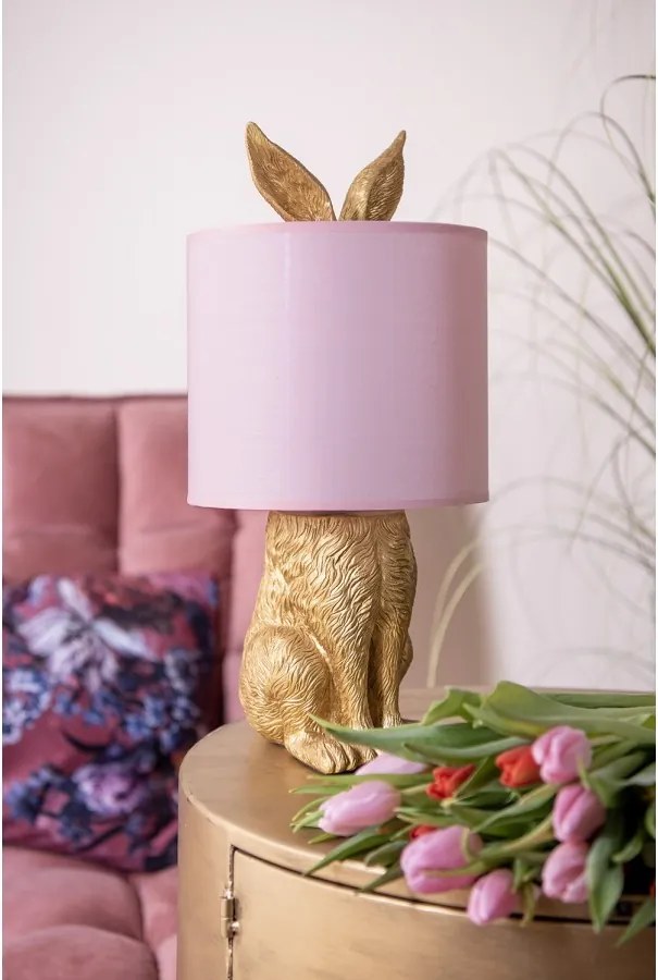 Zlatá stolná lampa králik s ružovým tienidlom Rabbi – Ø20*43 cm E27/max 1*60W