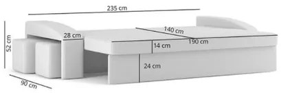 Velká rozkladacia pohovka HEWLET s taburetkami Sivá/biela