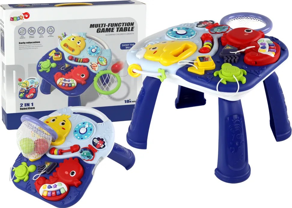 LEAN Toys Učebný stôl 2v1 Morské zvieratá Piano Clock Basket Balls