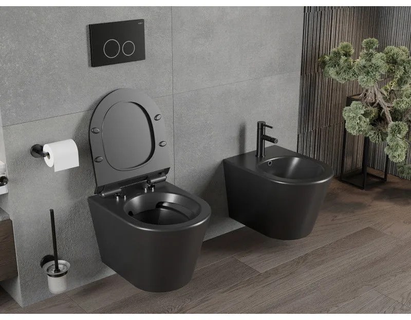 Mexen Rico závesné wc Rimless s toaletným sedátkom Slim z duroplastu, čierna matná - 30720185