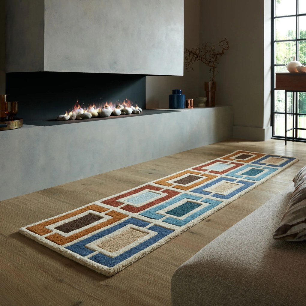 Ručne všívaný behúň Illusion Retro Blocks Blue/Multi, 60x230, viacfarebná, obývacia izba, Flair Rugs