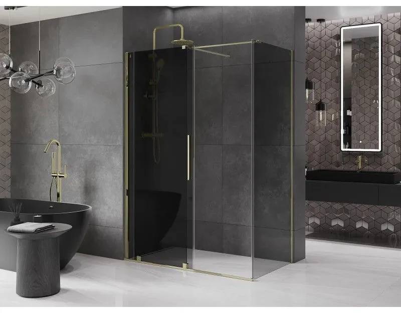 Mexen Velar, sprchový kút s posuvnými dverami 150 x 70 cm, 8mm šedé sklo, zlatá lesklá, 871-150-070-41-50