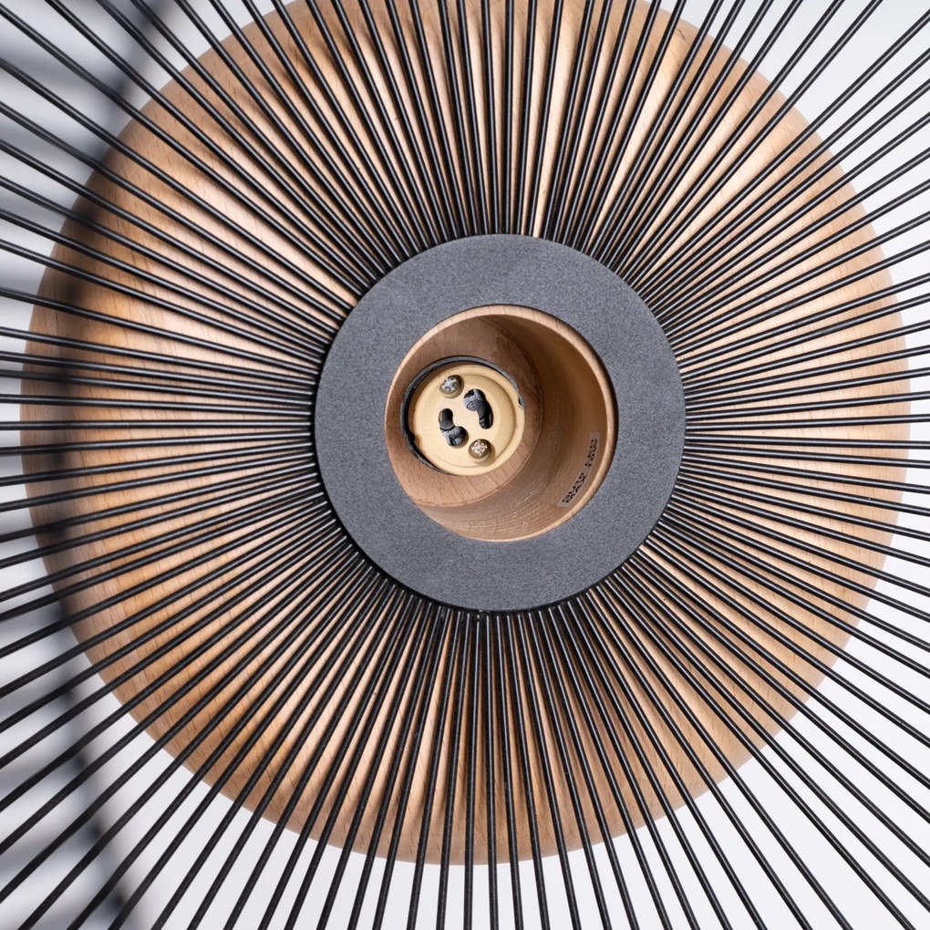 Závesné svietidlo Gabbia, 1x čierne drôtené tienidlo, drevo, (fi 55cm)