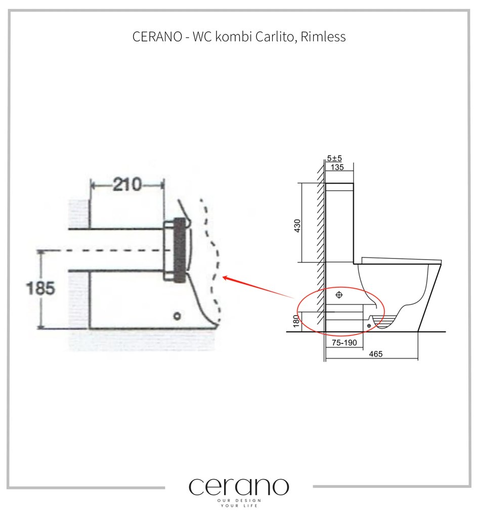 Cerano Carlito, WC kombi Rimless 610x365x850 mm, spodný/zadný odpad + UF toaletné sedátko, biela lesklá, CER-CER-417383