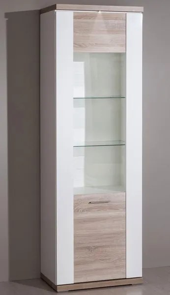 Vysoká vitrína Caracas typ 01, dub/biely lesk, s osvetlením