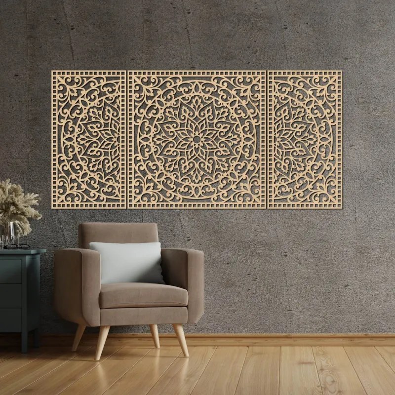 Drevená nástenná dekorácia trojdielna mandala do interiéru | SENTOP HDF0514-B