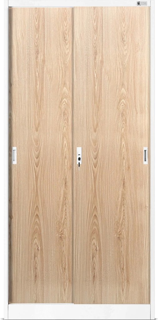 Kovová kancelárska skriňa s posuvnými dverami, biela/dub Sonoma, 900x1850x400 mm: KUBA Eco Design