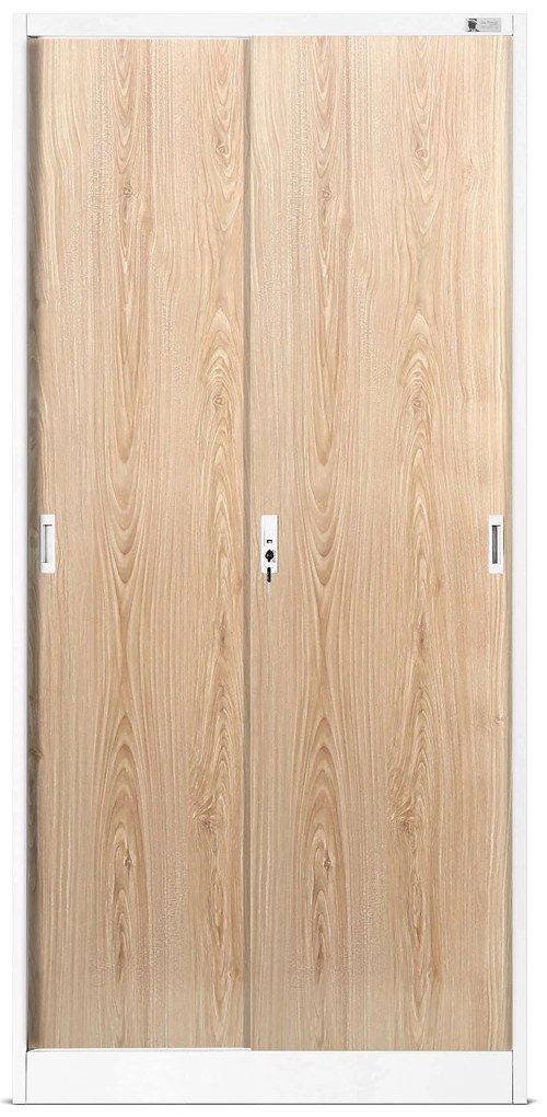 Kovová spisová policová skriňa s posuvnými dverami KUBA, 900 x 1850 x 400 mm, Eco Design: biela/ dub sonoma