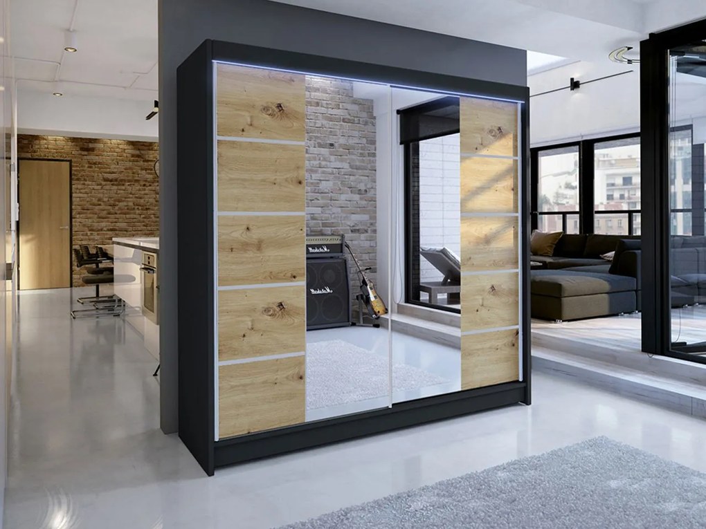 Posuvná skriňa Bar V, Farby: biela / čierna, Osvetlenie: osvetlenie LED RGB - farebné