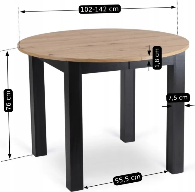 Vintino Jedálenský okrúhly stôl AMFORA dub artisan/čierny 102–142 cm