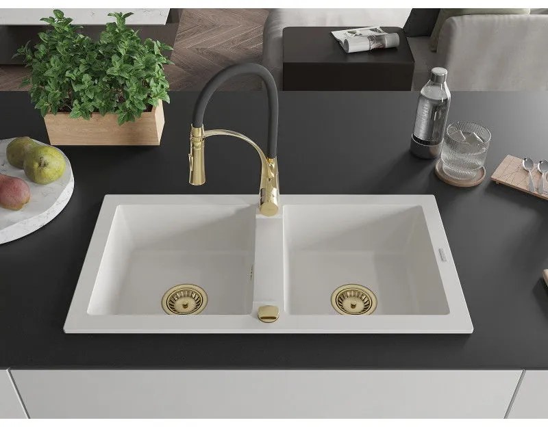 Mexen Mario, granitový drez 820x436x161 mm, 2-komorový a drezová batéria Aster, biela, 6504-20-73450-57-G