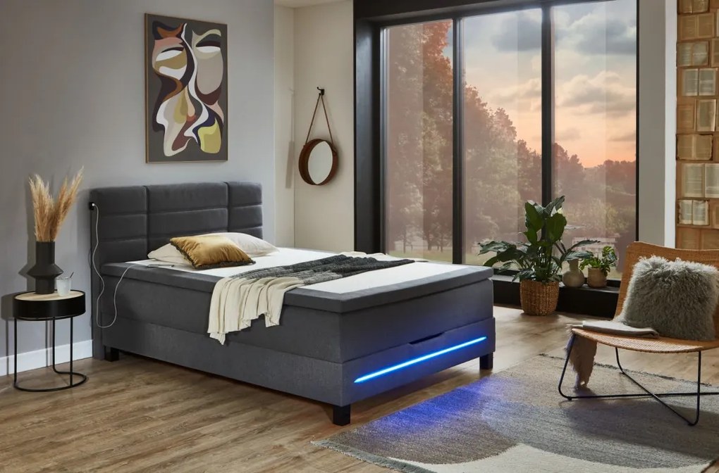 Postel boxspring s osvetlením Jefferson 140x200 cm, antracitová látka