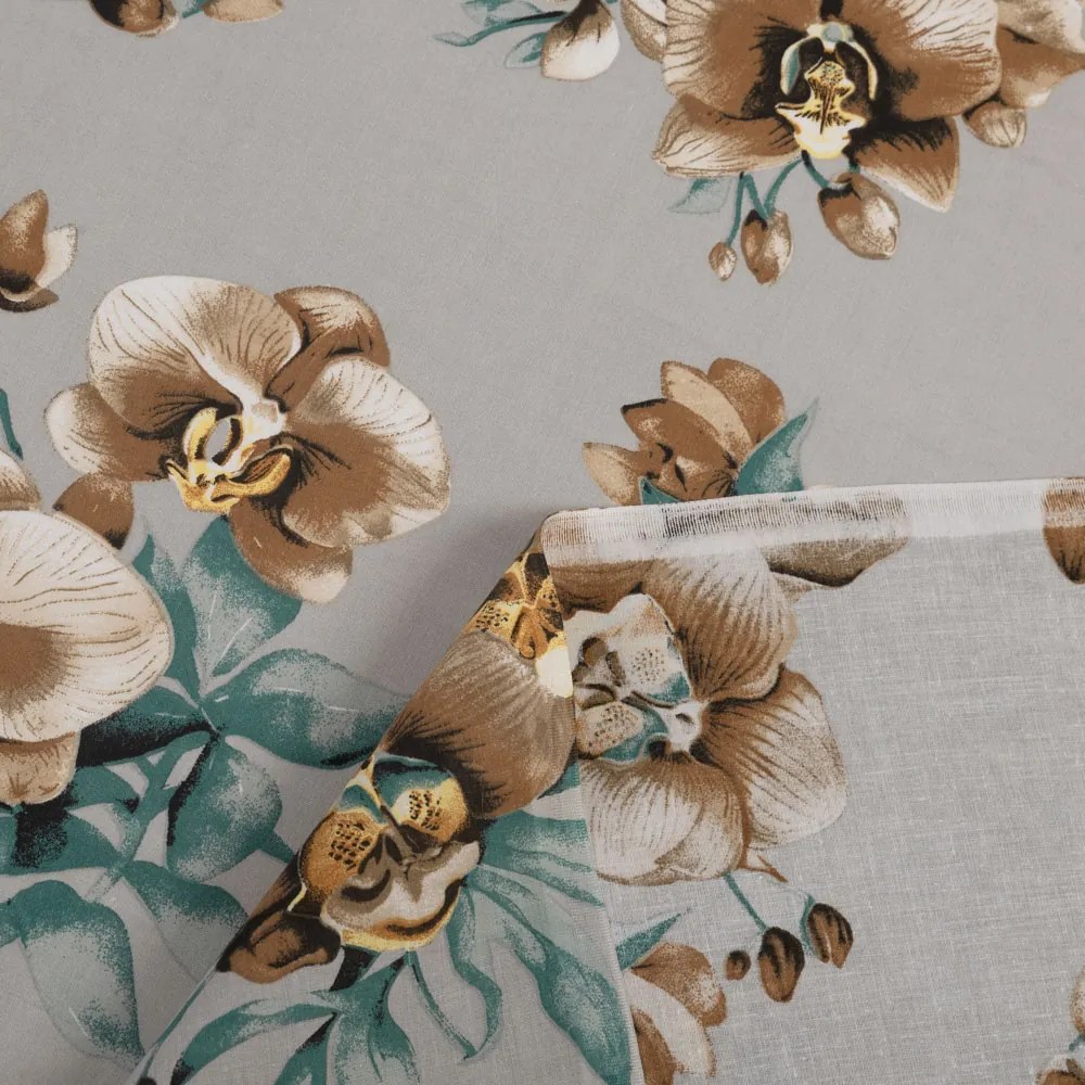 Biante Bavlnený záves Sandra SA-622 Hnedé orchidey na sivom 150x140 cm