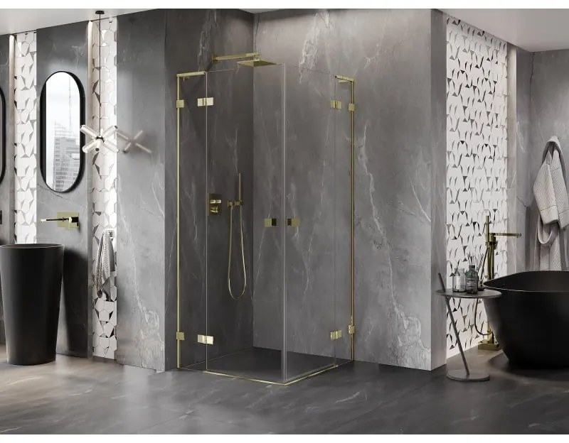 Mexen Lunar, L Duo výklopný sprchový kút 90 x 90 cm, 8mm číre sklo, zlatý profil, 834L-090L-090P-50-00