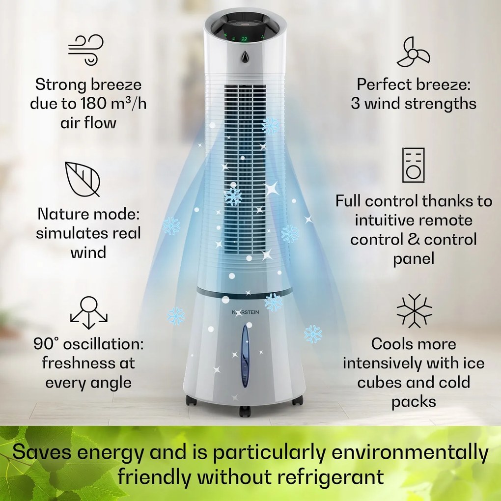 Klarstein Skyscraper Ice, 4 v 1 ochladzovač vzduchu, ventilátor, čistička vzduchu, zvlhčovač, 45 W, 210 m³/h, oscilácia, mobilný, diaľkové ovládanie