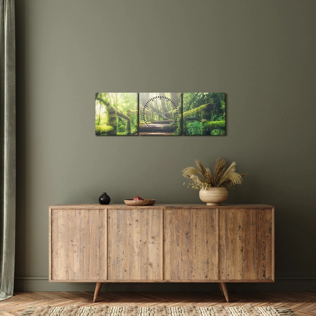 Obraz - drevené schody v lese (s hodinami) (90x30 cm)