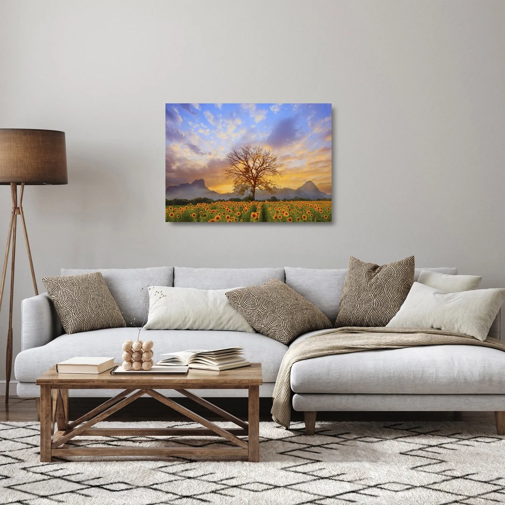 Sklenený obraz - Krajina so slnečnicami (70x50 cm)