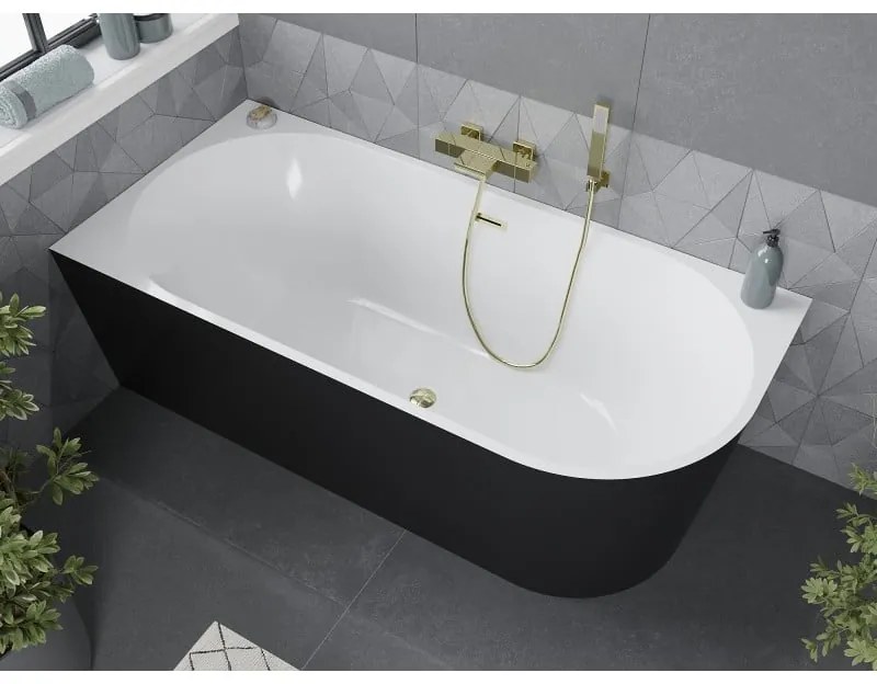 Mexen Mia, voľne stojaca rohová vaňa, lavá, 160 x 75 cm, biela-čierna, zlatý lesklý prepad, 52691607575L-50