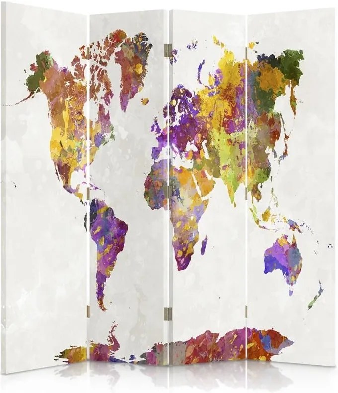 CARO Paraván - A Colorful Map Of The World | štvordielny | obojstranný 145x150 cm