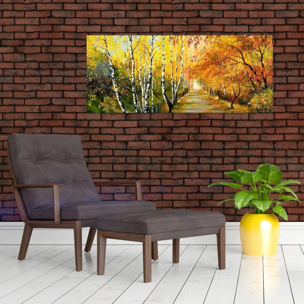 Obraz - Romantická alej pozdĺž vody, olejomaľba (120x50 cm)