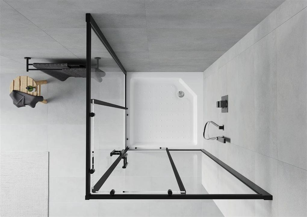 Mexen Rio, štvorcový sprchovací kút s posuvnými dverami 90 x 90 cm, 5mm číre sklo, čierny profil + biela vysoká vanička Rio, 860-090-090-70-00-4510