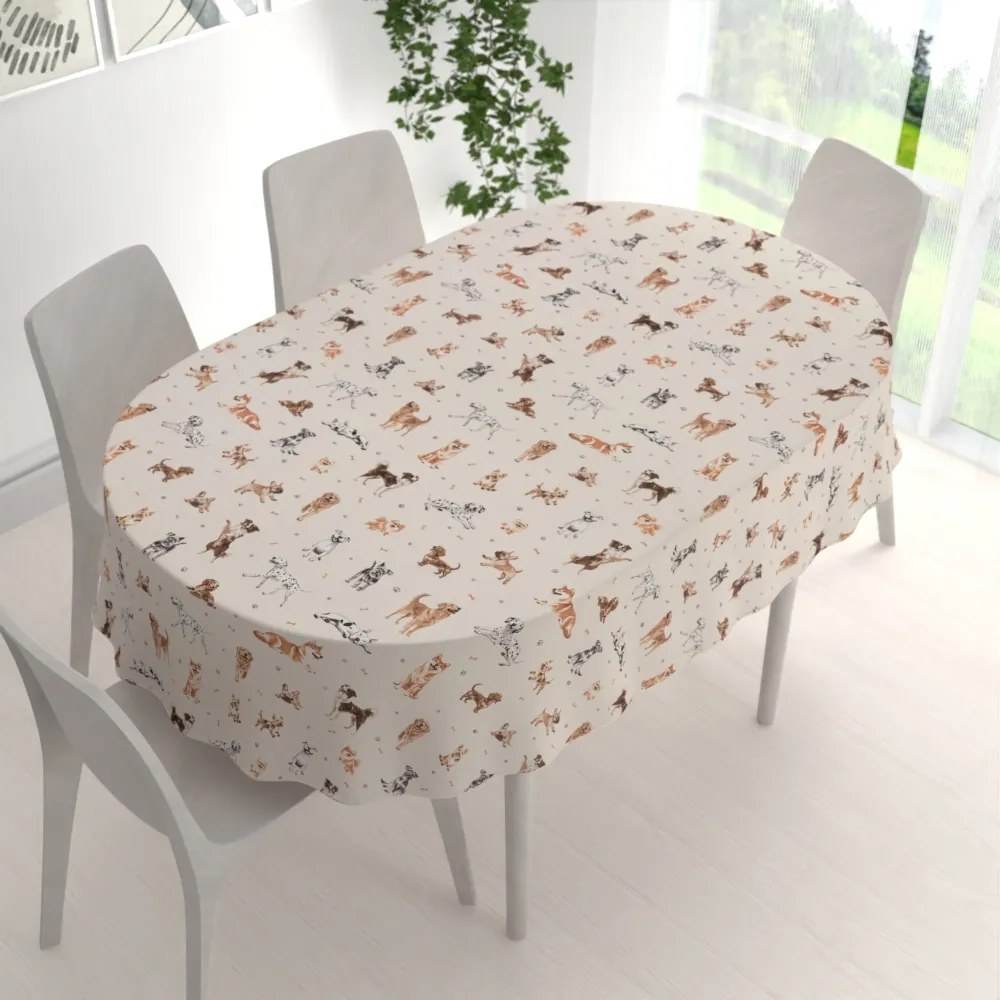 Biante Bavlnený oválny obrus Sandra SA-620 Psí kamaráti na krémovom 140x180 cm