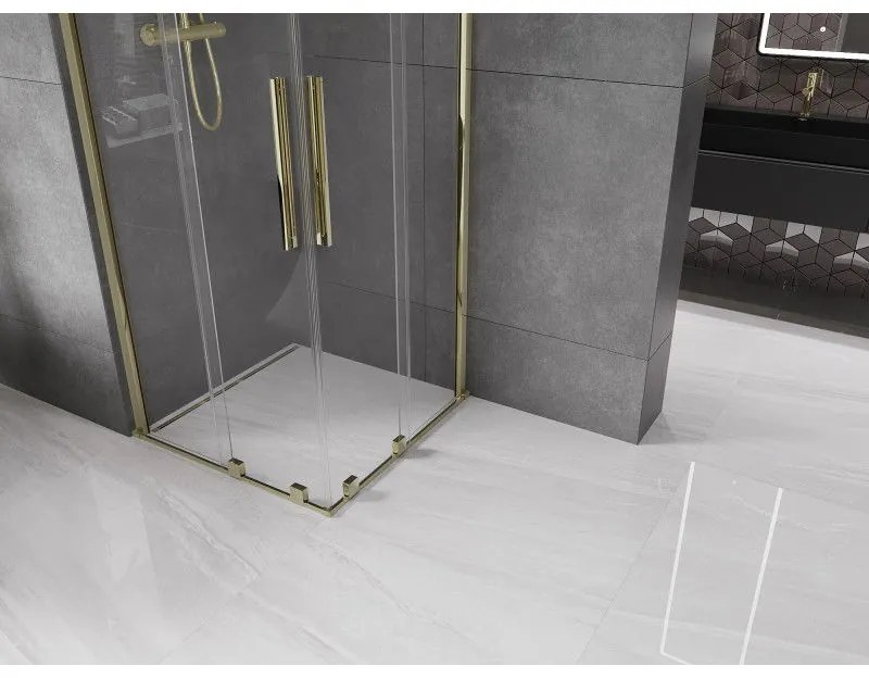 Mexen Velar Duo, sprchový kút s posuvnými dverami 100(dvere) x 100(dvere) cm, 8mm číre sklo, zlatý lesklý profil, 871-100-100-02-50
