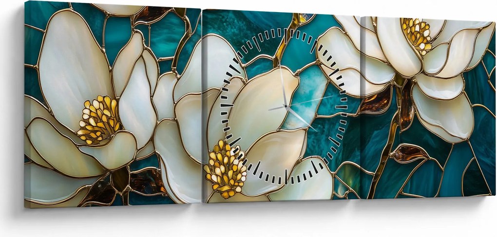 Obraz - Vitráž s magnóliou (s hodinami) (90x30 cm)