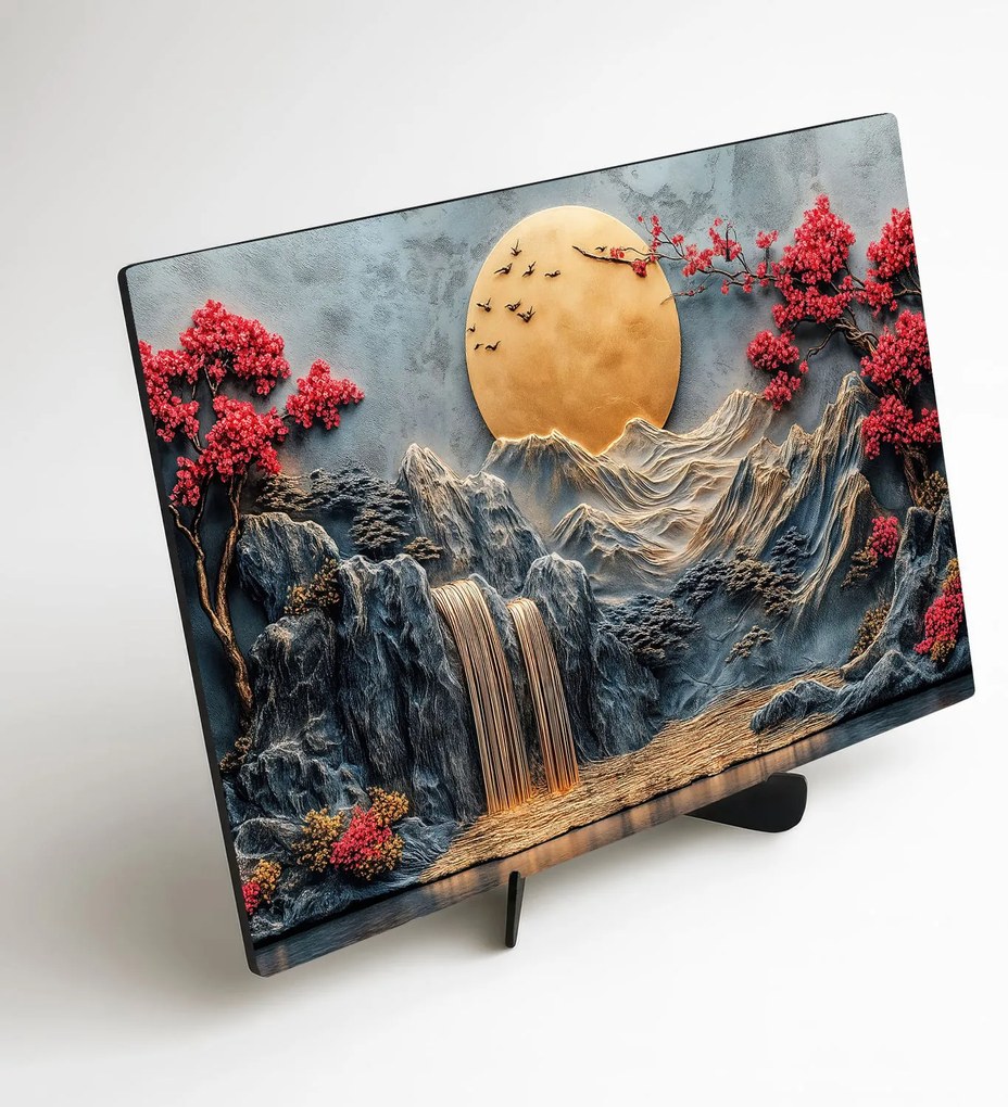 DUBLEZ | Drevený obraz - Zlatý mesiac nad vodopádom