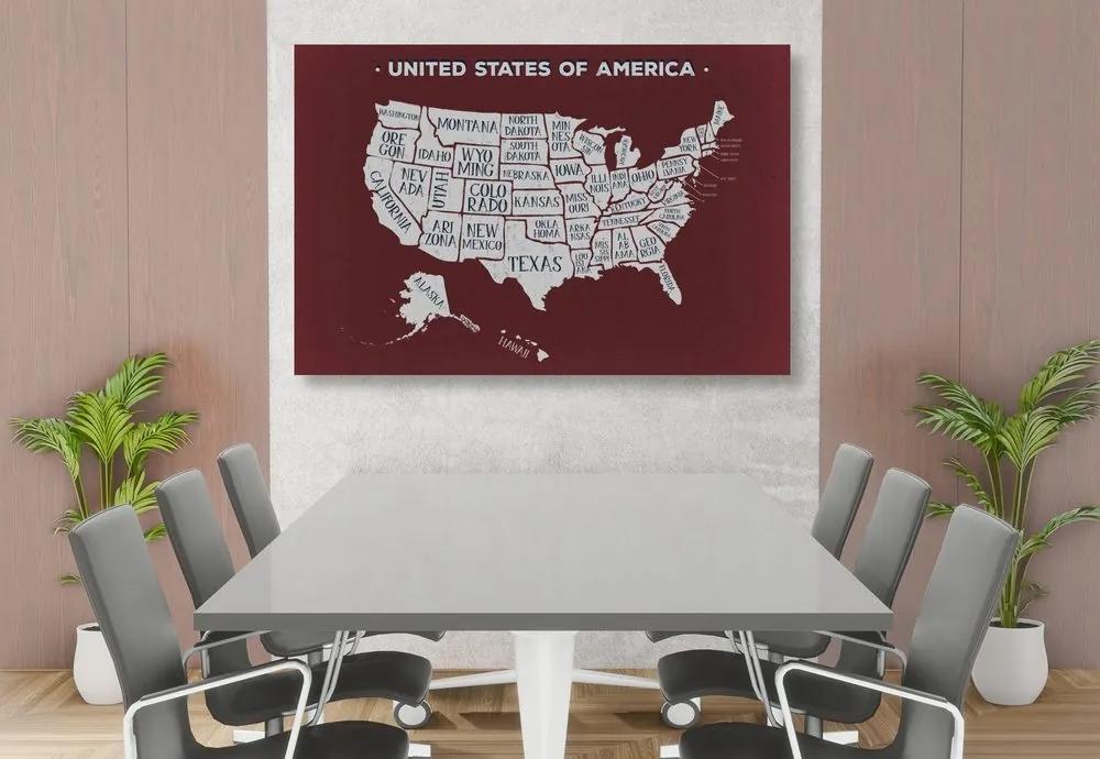 Obraz náučná mapa USA s bordovým pozadím - 120x80