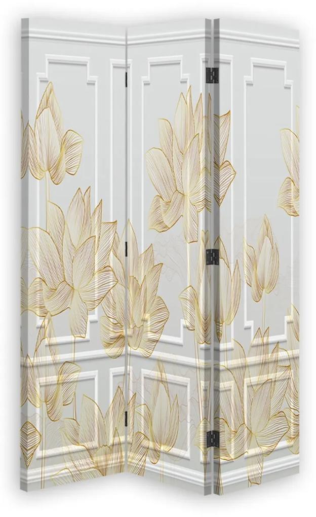 Ozdobný paraván Zlatý lotosový květ - 110x170 cm, trojdielny, obojstranný paraván 360°