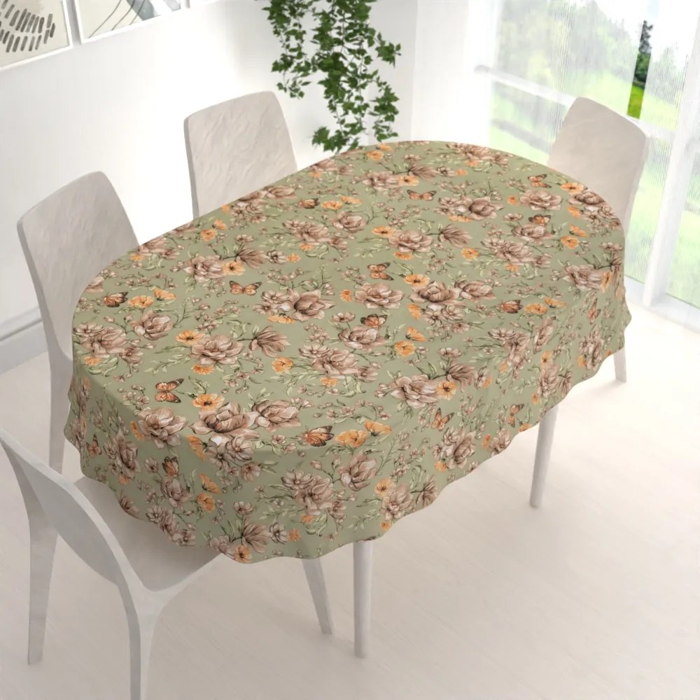 Biante Bavlnený oválny obrus Sandra SA-472 Hnedé kvety magnólie na zelenom 50x100 cm