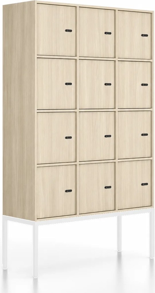 Kancelárska skriňa FRAME, biela podnož, 12x dvere, 1299 x 450 x 2185 mm, mechanický kódový zámok, dub prírodný