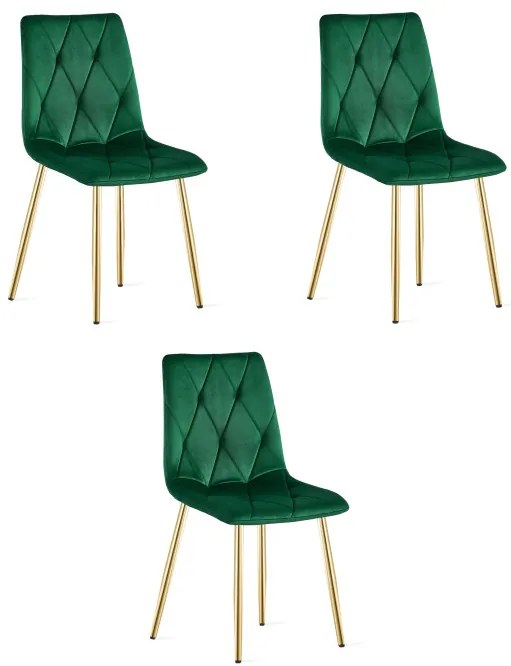 Set troch jedálenských stoličiek LIBRA zamatové, tmavozelené / zlaté nohy (3 ks)