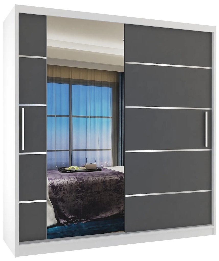 Šatníková skriňa 158 cm Belini biely mat / šedý matný s posuvnými dverami zrkadlom a zásuvkami  MBP SZP7/0/W/SR/0/KLAL