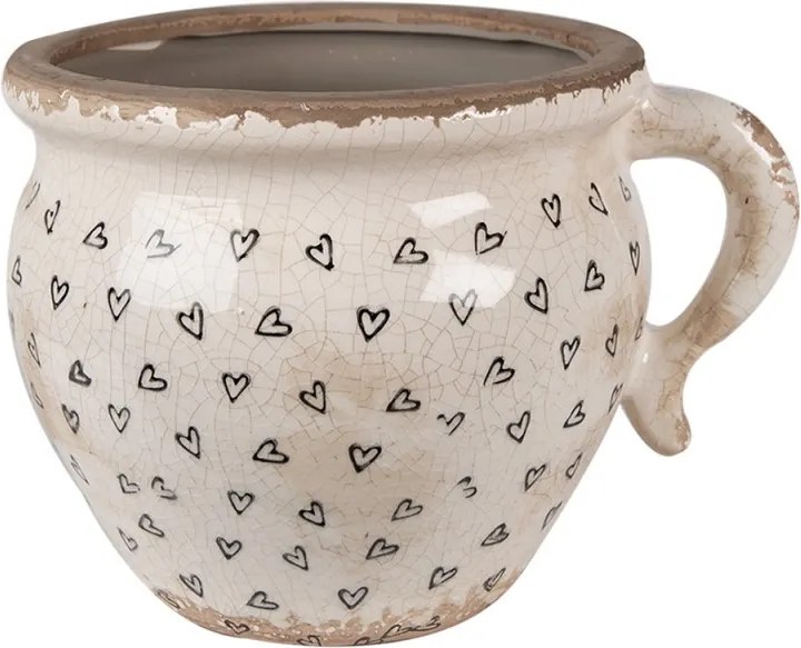 Béžový keramický obal na kvetináč s uchom a so srdiečkami Hearti M - 17*14*12cm