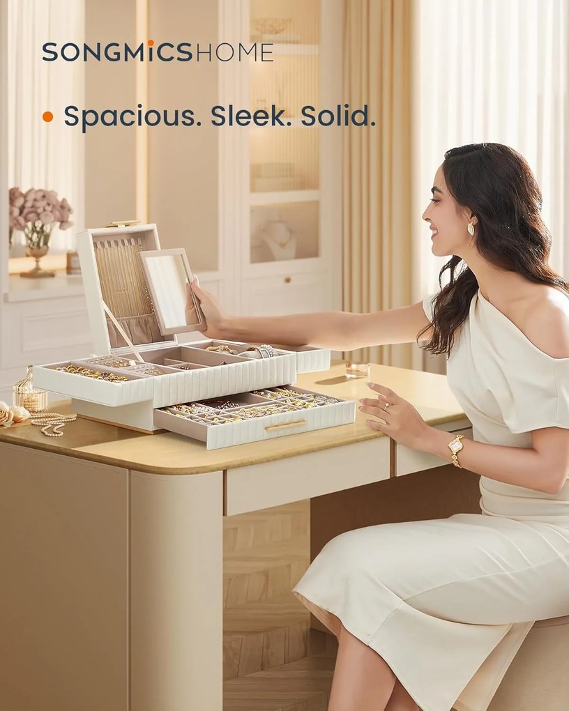 Šperkovnica so zrkadlom ANAH, organizér na šperky so zásuvkou, biela