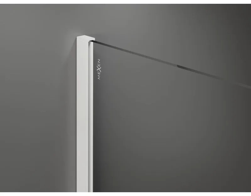 Mexen Kioto+, sprchová zástena Walk-In s poličkou a vešiakom 140 x 200 cm, 8mm číre sklo biely vzor, biely profil, 800-140-121-20-97