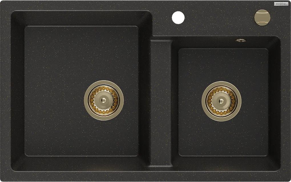 Mexen Tomas, granitový drez 800x500x190 mm, 2-komorový, čierna-zlatá metalíza so zlatým sifónom, 6516802000-75-G