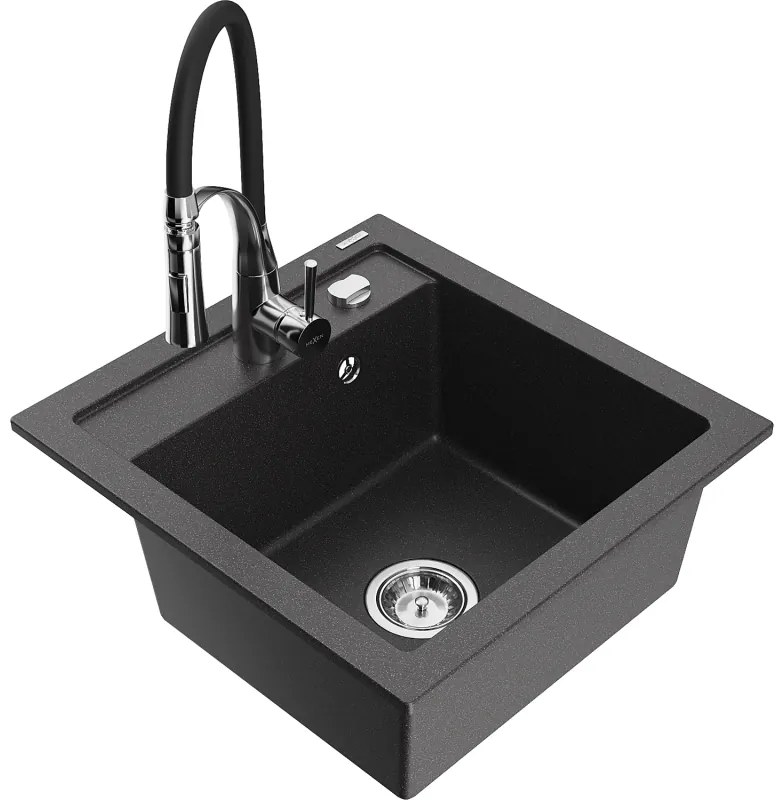 Mexen Vito, 1-komorový granitový drez 490x520x210 mm a drezová batéria Aster, čierna škvrnitá, 6503-76-73450-07