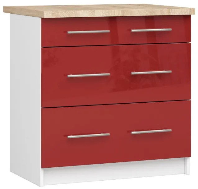 Spodná kuchynská skrinka s doskou OLIWIA S80 3SZ biela / červená, lesk