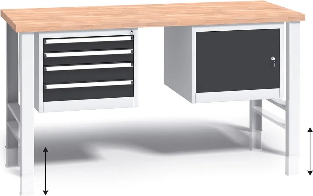 Výškovo nastaviteľný pracovný stôl do dielne G3 so závesným boxom a skrinkou na náradie, buková škárovka, 4 zásuvky, 1700 x 685 x 840 - 1050 mm, grafit
